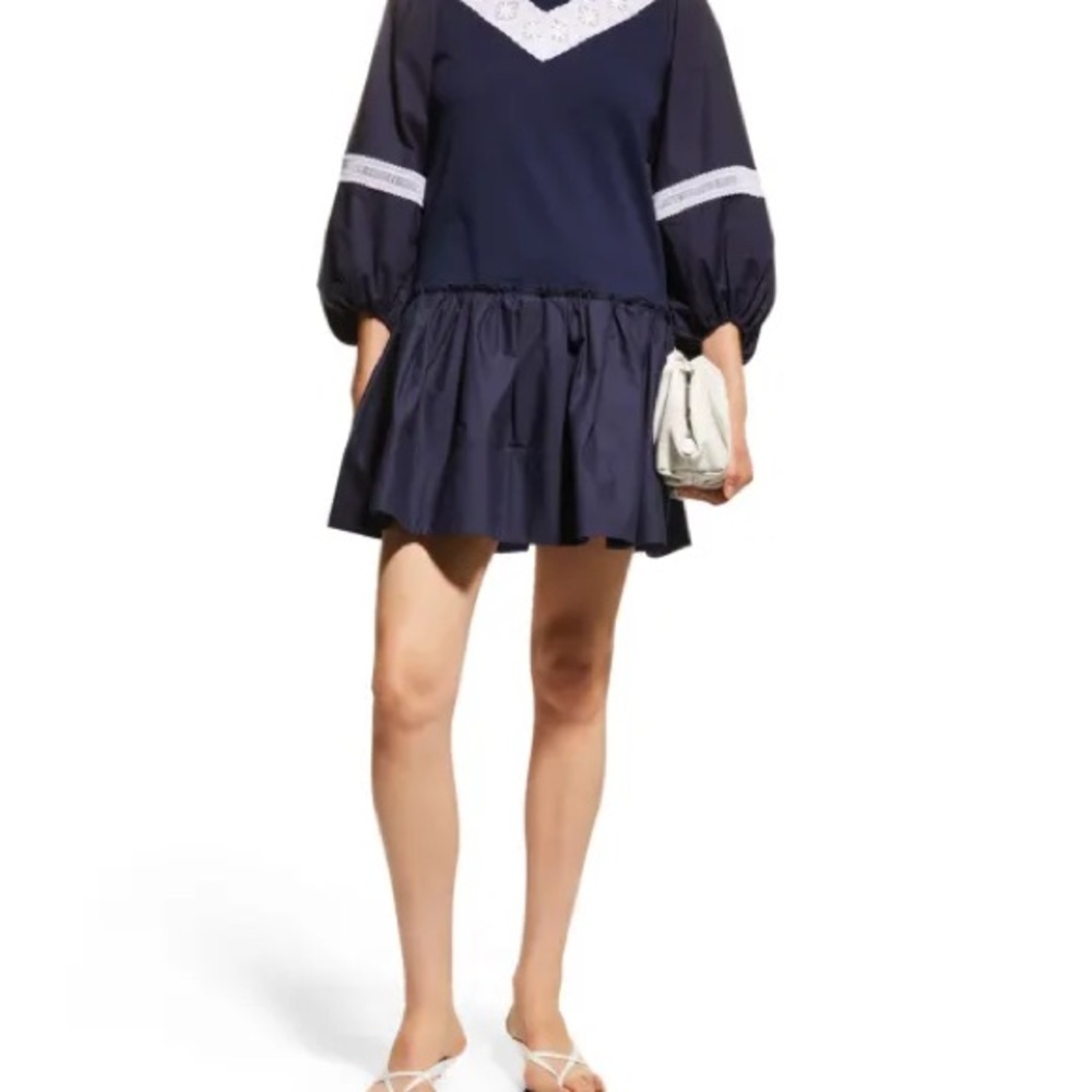 TANYA TAYLOR Kristie Puff Sleeve Drop Waist Mini Navy Blue Dress White Detailing